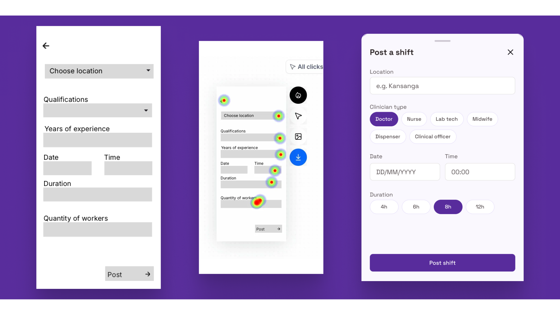Three forms shown side-by-side on purple: the initial post-a-shift form with dropdowns, the Maze heatmap showing right-edge clicks and abandonment on Quantity-of-workers, and the modified form using chips and 4h / 6h / 8h / 12h preset duration buttons.