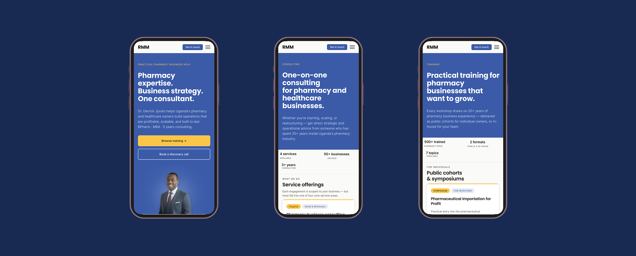 Three page heroes side by side on navy, showing the identical hero structure across Home, Services, and Training.