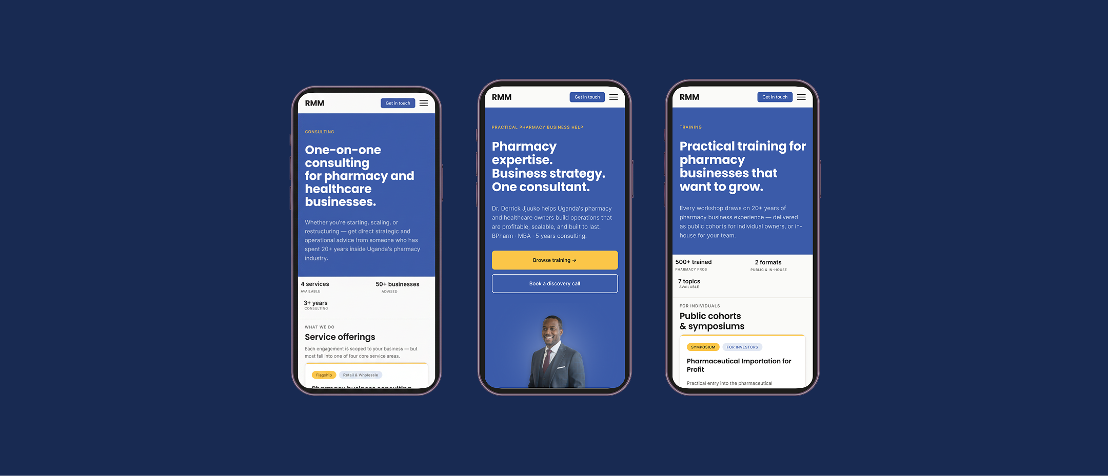 Three Rent My MBA mobile screens on a navy background: the home page, the services page, and the training page.