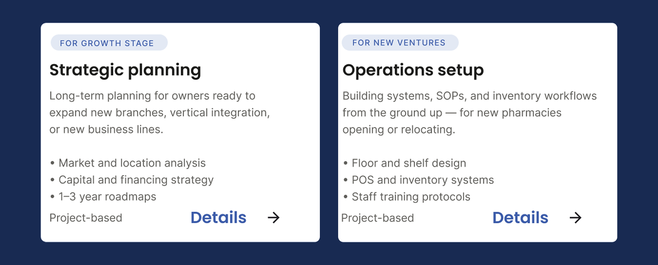 The Services and Training pages with audience tags at the top of each card — Flagship in gold, the rest neutral.