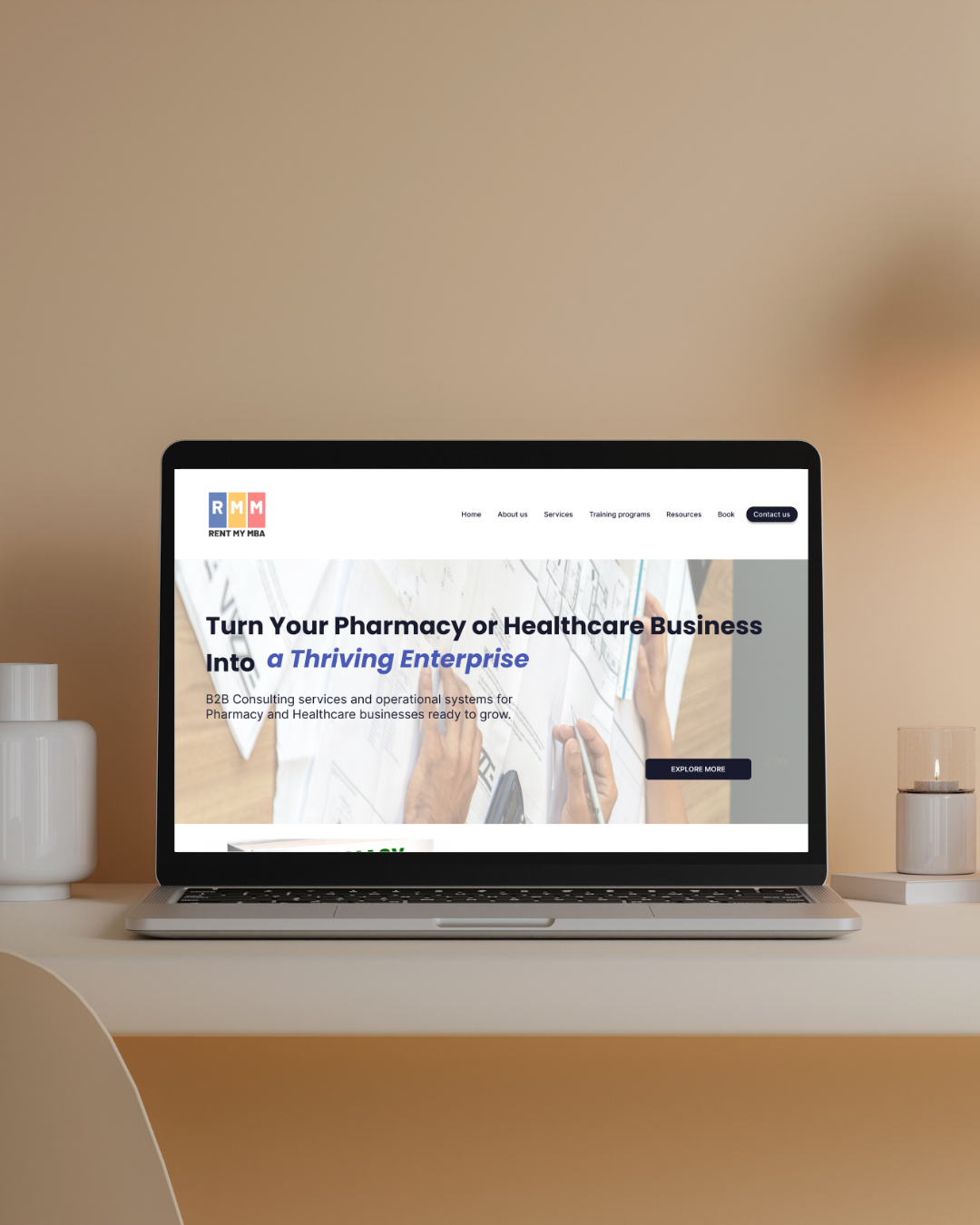 The v2 homepage: a polished but generic hero reading 'Turn Your Pharmacy or Healthcare Business Into a Thriving Enterprise.'